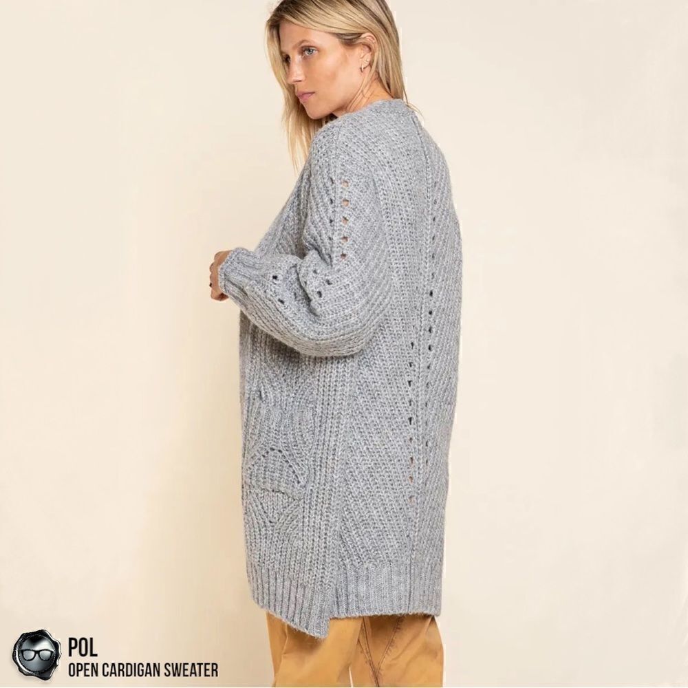 POL CHUNKY CABLE KNIT DUSTER CARDIGAN SWEATER HEATHER GREY WOMEN’S SIZE MEDIUM - Picture 5 of 15